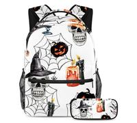 VAPOKF Witch Hat Skull Creepy Hand Candle School Bag Set for Teen Girls Boys Kids, Student Bookbag Backpack Rucksack with Pencil Case for Primary Secondary Junior High School