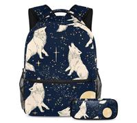 VAPOKF Wolves Howling Shine Stars School Bag Set for Teen Girls Boys Kids, Student Bookbag Backpack Rucksack with Pencil Case for Primary Secondary Junior High School