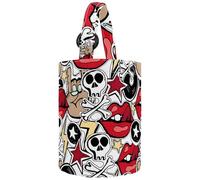 VAPOKF Womens Bucket Handbag, Crazy Punk Rock Skulls Pins Guitars Disk Stars Lips Pattern Canvas Tote Bag Purses Trendy Shoulder Bag