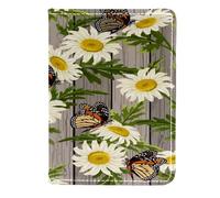 VAPOKF Wooden Background with Camomiles and Butterfly Passport Holder Travel Wallet Leather Card Case Cover, 11.5x16.5cm