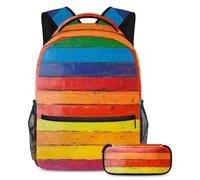 VAPOKF Wooden Board Rainbow Color School Bag Set for Teen Girls Boys Kids, Student Bookbag Backpack Rucksack with Pencil Case for Primary Secondary Junior High School