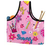 VAPOKF Yarn Storage Bag, Knitting Crochet Tote Bag, Yarn Holder with Pockets for Crocheting, Knitting Accessories (Girls Pink Castle Crown Magic Gifts Flowers Princess)