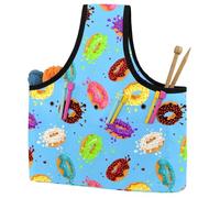 VAPOKF Yarn Storage Bag, Knitting Crochet Tote Bag, Yarn Holder with Pockets for Crocheting, Knitting Accessories (Sweet Donut Spill Colorful Blue)