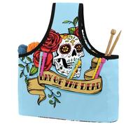 VAPOKF Yarn Storage Bag, Knitting Crochet Tote Bag, Yarn Holder with Pockets for Crocheting, Knitting Accessories (Day of the Dead Skull Rose Blue)