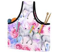 VAPOKF Yarn Storage Bag, Knitting Crochet Tote Bag, Yarn Holder with Pockets for Crocheting, Knitting Accessories (Modern Unicorn Fairies Magic Rose Floral)