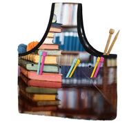 VAPOKF Yarn Storage Bag, Knitting Crochet Tote Bag, Yarn Holder with Pockets for Crocheting, Knitting Accessories (Stack of Old Books in Library)
