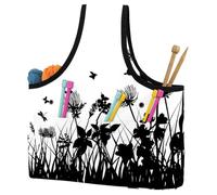 VAPOKF Yarn Storage Bag, Knitting Crochet Tote Bag, Yarn Holder with Pockets for Crocheting, Knitting Accessories (Grass Flowers Butterfly Silhouettes)