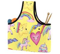 VAPOKF Yarn Storage Bag, Knitting Crochet Tote Bag, Yarn Holder with Pockets for Crocheting, Knitting Accessories (Shy Unicorn Rainbow Stars Heart Candy Yellow)