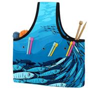 VAPOKF Yarn Storage Bag, Knitting Crochet Tote Bag, Yarn Holder with Pockets for Crocheting, Knitting Accessories (Sea Fishes Blue)