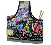 VAPOKF Yarn Storage Bag, Knitting Crochet Tote Bag, Yarn Holder with Pockets for Crocheting, Knitting Accessories (Colorful Doodle Street Abstract Painting)