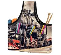 VAPOKF Yarn Storage Bag, Knitting Crochet Tote Bag, Yarn Holder with Pockets for Crocheting, Knitting Accessories (Retro Steam Train Departs from The Station)