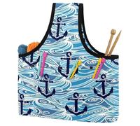 VAPOKF Yarn Storage Bag, Knitting Crochet Tote Bag, Yarn Holder with Pockets for Crocheting, Knitting Accessories (Blue Anchor Waves)