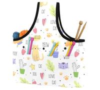 VAPOKF Yarn Storage Bag, Knitting Crochet Tote Bag, Yarn Holder with Pockets for Crocheting, Knitting Accessories (Colorful Doodle Cats & Cactus)