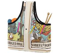 VAPOKF Yarn Storage Bag, Knitting Crochet Tote Bag, Yarn Holder with Pockets for Crocheting, Knitting Accessories (Hanged Man and Wheel of Fortune Tarot Cards Illustration)