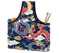 VAPOKF Yarn Storage Bag, Knitting Crochet Tote Bag, Yarn Holder with Pockets for Crocheting, Knitting Accessories (Chinese Myths Legends Dragon Red Navy)