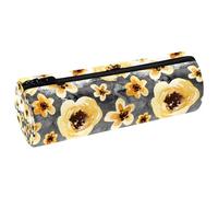 VAPOKF Yellow Daisy Flower on Stripe Pencil Cases, PU Leather Pen Bag Student Stationery Organiser Bag Makeup Pouch for Women Girls Boys Kids School Office Supplies