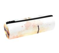 VAPOKF Youngers on The Seine River Leather Barrel Pen Pencil Case Coin Purse Cosmetic Makeup Bag for Student Stationery School Office Storage