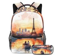VAPOKF Youngers on The Seine River School Bag Set for Teen Girls Boys Kids, Student Bookbag Backpack Rucksack with Pencil Case for Primary Secondary Junior High School