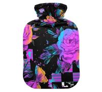 Vapor Wave Style Roses Butterfly Black Purple hot Water Bottle with Soft Cover, 1L Warm Water Bottle for Bed for Period Cramps
