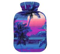 Vapor Wave Style Tropical Tree Sun Blue hot Water Bottle with Soft Cover, 2L Warm Water Bottle for Bed for Menstrual Cramps, Neck and Shoulder Pain Relief, Pain Relief