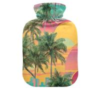 Vapor Wave Style Tropical Tree Sun hot Waterbottle with Soft Cover, 1L hot compresses for The Body for Arthritis