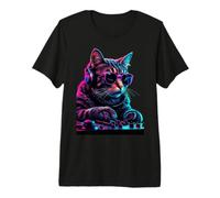 Vaporwave Aesthetic Cat DJ Techno Turntable EDM Cat Premium T-Shirt