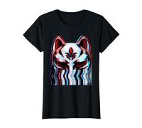 Vaporwave Japanese Aesthetic Kitsune Fox Mask Yokai Glitch T-Shirt, Women, Black, Medium