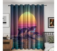 Vaporwave Ocean Dolphin Curtains Blackout, 66x72 Inch 2 Panels - Sea Wave Sunset Pattern Black Out Curtains, Home Decor, 72 Drop Eyelet Window Drapes for Bedroom, Living Room CL&39