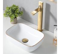 VAPSINT 14'' x 10'' Bathroom Small Vessel Sink Above Counter White Porcelain Ceramic Oval Rectangle Gold Trim Decoration Small Vanity Sink Bowl Lavatory Wash Basin