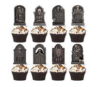VARACL 24 Pieces Tombstone Halloween Cupcake Toppers, Tombstone Graveyard Cake Toppers in 8 Designs Scary Cupcake Decoration Table Centerpiece Sticks Appetizer Picks for Halloween Party Supplies