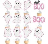 VARACL 24PCS Halloween Cupcake Toppers, Pink Glitter Boo Ghost Cake Topper for Halloween Party Decorations,Cupcake Picks Food Picks for Ghost Theme Birthday Baby Shower Cake Decorations Party Supplies