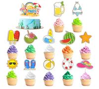 VARACL 25PCS Summer Beach Theme Cupcake Toppers, Pool Party Decorations Hawaiian Theme Cake Picks With Watermelon Ice Cream Beach Ball Beer Cake Decorations For Baby Shower Birthday Party Supplies