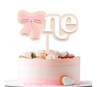VARACL Baby First Birthday Cake Topper, Wooden Pink Bow One Cake Topper for Baby Shower, One Sign 1st Girl Birthday Party Cake Decorations Favors Supplies Decor