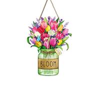 VARACL Wooden Spring Decorations, Tulips Flower Spring Door Wreaths For Front Door Outside Porch Window Wall Hanging Decor, Bloom Welcome Floral Wreath Wall Signs For Home Office Farmhouse Decor
