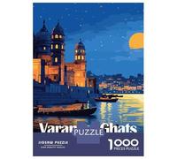 Varanasi Ghats India Night Illustration Jigsaw Puzzle 1000 Pieces, Landmark Urban View, Thick Cardboard Pieces for Puzzle Lovers, Relaxing Challenge, 52x38cm/1000pcs
