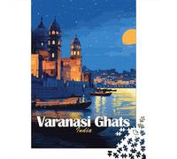Varanasi Ghats India Night Illustration Jigsaw Puzzle 1000 Pieces, Vintage Architecture Destination, Relaxing Challenge for Travel Lovers, Adult Puzzle, 38x26cm/1000pcs