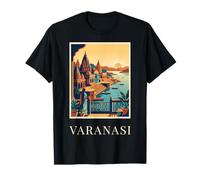 Varanasi India Ghat River Temple Sunset Architecture Scene T-Shirt