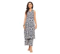 Varanga Women's Blue Ikat Printed V-Neck Sleeveless Straight Kurta with Side Slit, Paired with Tonal Printed Bottom, Blue, S