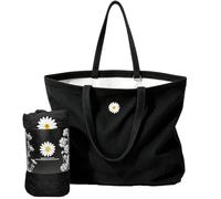 Varbmt 18L 100% Polyester Everyday Tote Bag for Women, Black White Reversible Open Top Tote with Daisy Embroidery, Soft Shoulder Carry for Seaside Markets, Cafes, Daily Errands and Light Commutes