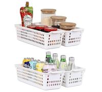 Vareone 4 Pack Small Storage Baskets, Rectangle Narrow Storage Bins for Shelves, Plastic Storage Basket Kitchen Cupboard Organiser(White)
