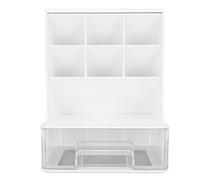 VARFBDAX Slant Pen Organizer for Student with Drawer, Large Capacity Desktop Stationery Organizer, 45° Slanted Compartment with Recess Top and Rounded Corners for School Office (Transparent White)