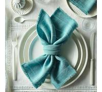 Vargottam Solid Cotton Muslin Napkins with Fringed Edges - 12 Pack | Reusable 20"x20" Dining Napkins with Subtle Check Texture | Soft Cloth Napkins Ideal for Picnics, Brunches,Summer Dining -Turquoise