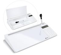 Varhomax Glass Desk Whiteboard with Calculator, Desktop Dry Erase White Board with Storage, to Do List Memo Notepad for Home and Office