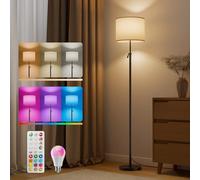 VARICART LED Floor Lamp for Living Room, Height Adjustable Standing Reading Lamp with 10W RGBCW Color Changing Bulb, Dimmable Modern Tall Lamp with Linen Lampshade for Bedroom Office Kid Room, Black