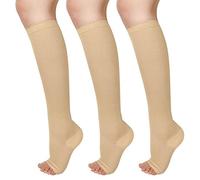 Varicose Veins Socks,Compression Socks, 3 Pairs Open Toe Compression Socks Women Knee High Toeless 15-25 mmHg