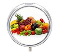 Variety Fresh Vegetables Fruits Pill Box 3 Compartment Waterproof Pill Case with Mirror Round Container Metal Medicine Box Organizer Portable Vitamin Case for Pocket & Purse Travel