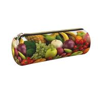 Variety Fresh Vegetables Fruits Printed Leather Pencil Case Cute Stationery Organizer Round Makeup Bag Pen Pouch, Gold Zipper