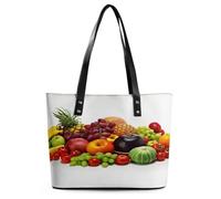 Variety Fresh Vegetables Fruits Tote Bag Large Soft Leather Purse with Zipper Lightweight Ladies Shoulder Handbag