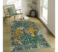 VARIKASHOM Large Rugs Living Room Lounge Bedroom Dining Room Decor, Low Pile Carpets,Yellow Tiger Print Vintage Border Design,Emerald Green,200 x 300 cm