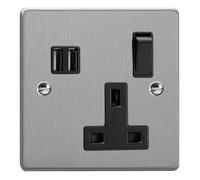 Varilight 1-Gang 13A Single Pole Switched Socket + 2x5V DE 3400mA USB Charging Ports Brushed Steel